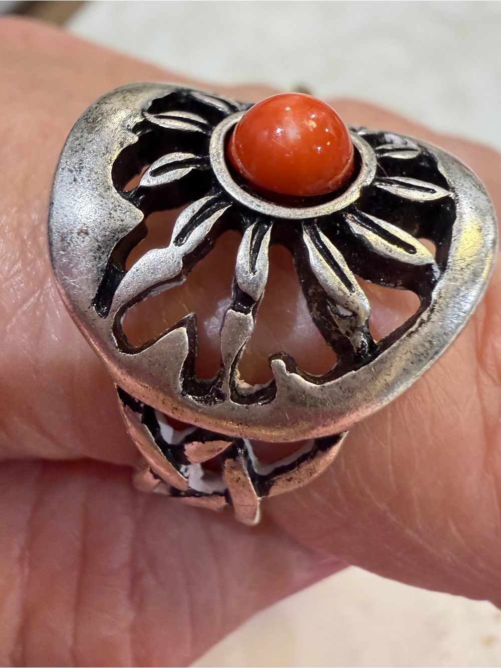 Sterling-Style Silver Heart Ring with Orange Coral Cabochon Size 10.5